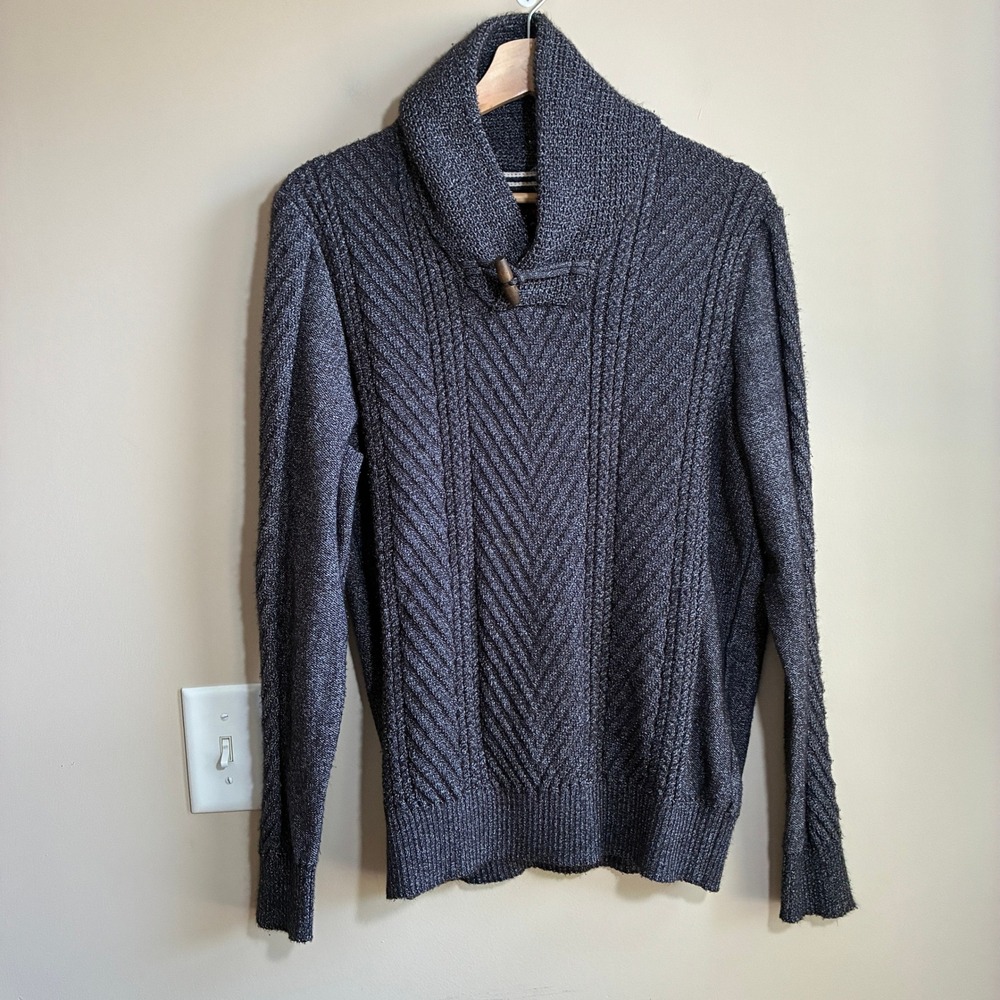Weatherproof Vintage Shawl Collar Sweater Large Gray Mens Chevron Toggle Knit